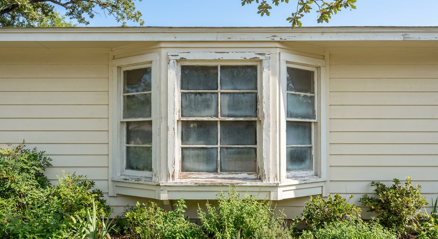 Old weathered bay window on a Dallas home