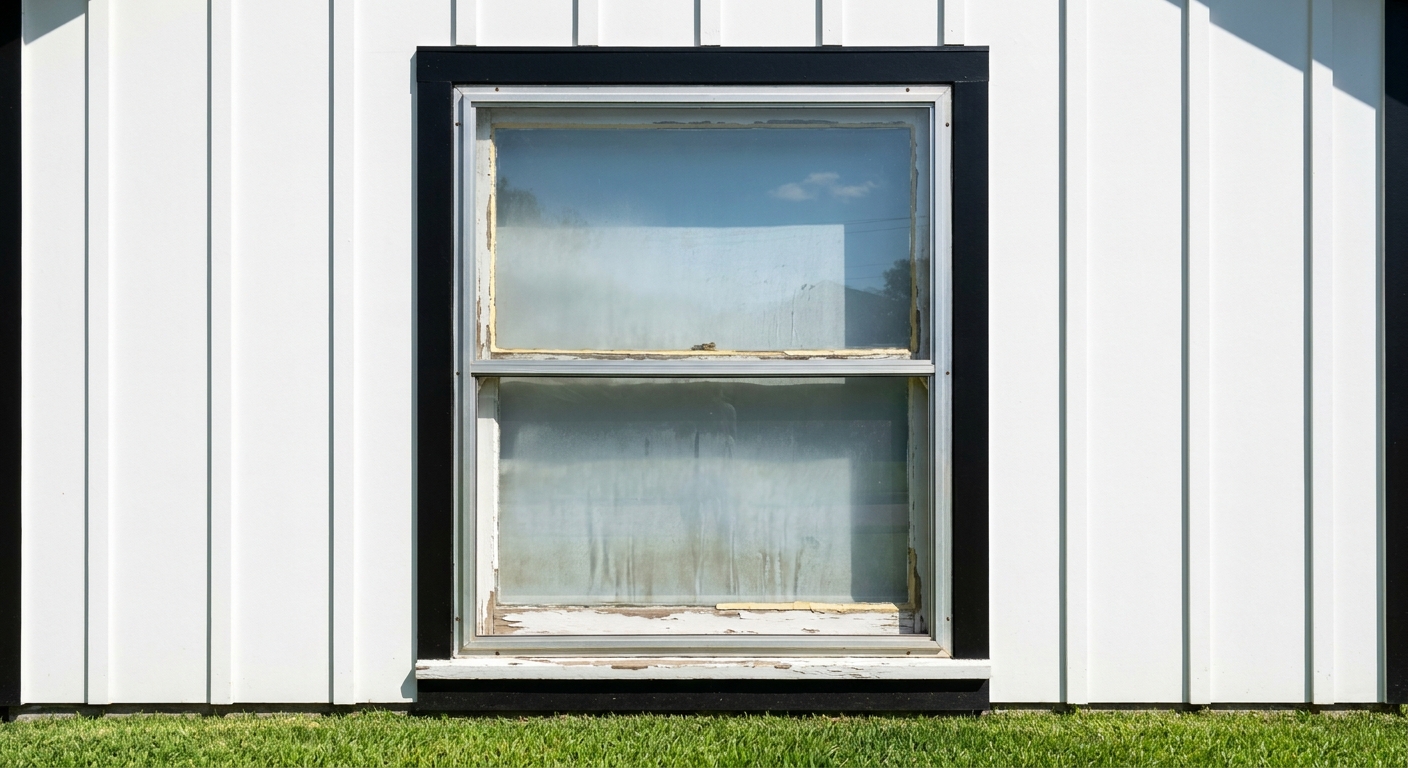 Old worn-out double-hung window on a Dallas home