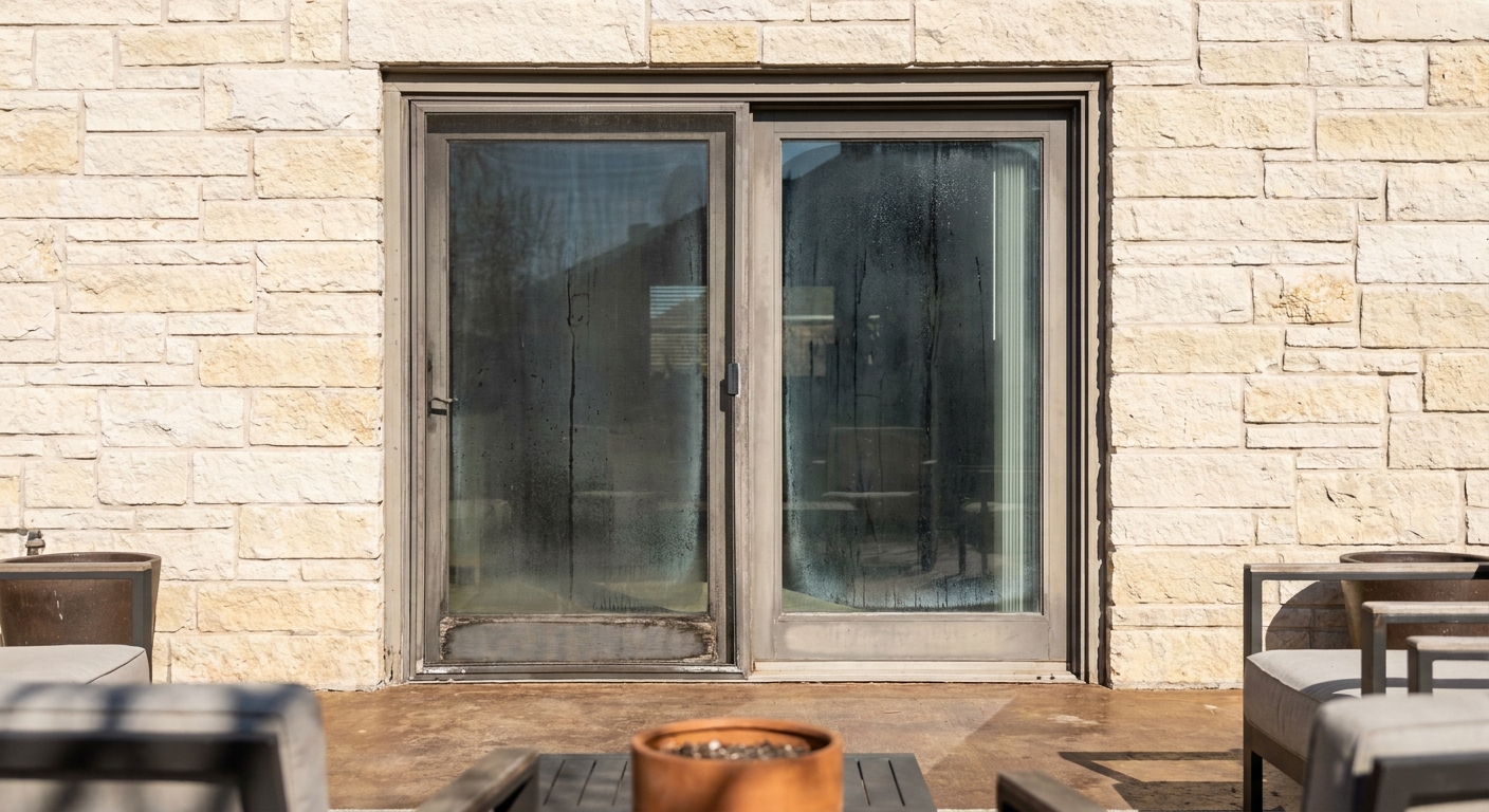 Old sliding glass patio door on a Dallas home